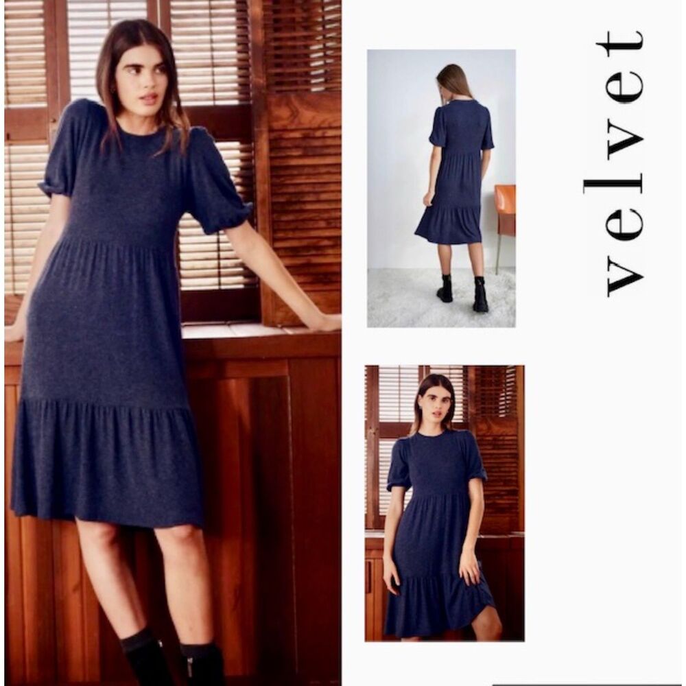 SZ L Velvet by Graham & Spencer Women's Brie Knit Tiered Dress Indigo Blue